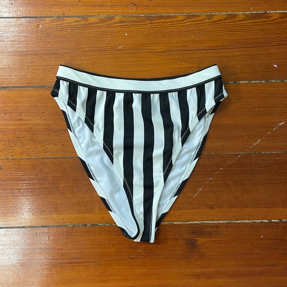 Dixperfect Retro Black & White Stripe High Cut Full Coverage Bikini Bottoms Sz M